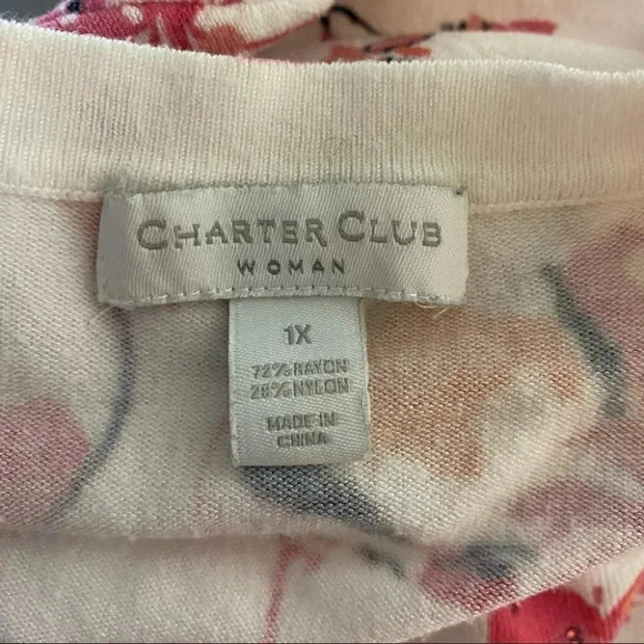 Charter Club woman 1X white short‎ sleeve cardigan w& pink flamingos & sequins - Picture 5 of 6